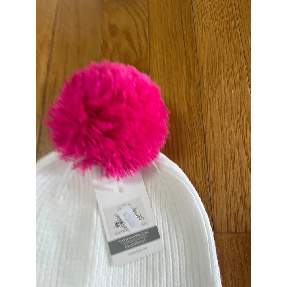Mud Pie White Cheer Sequin Beanie Pink Pom Pom Ribbed Knit‎ Winter Hat NWT
